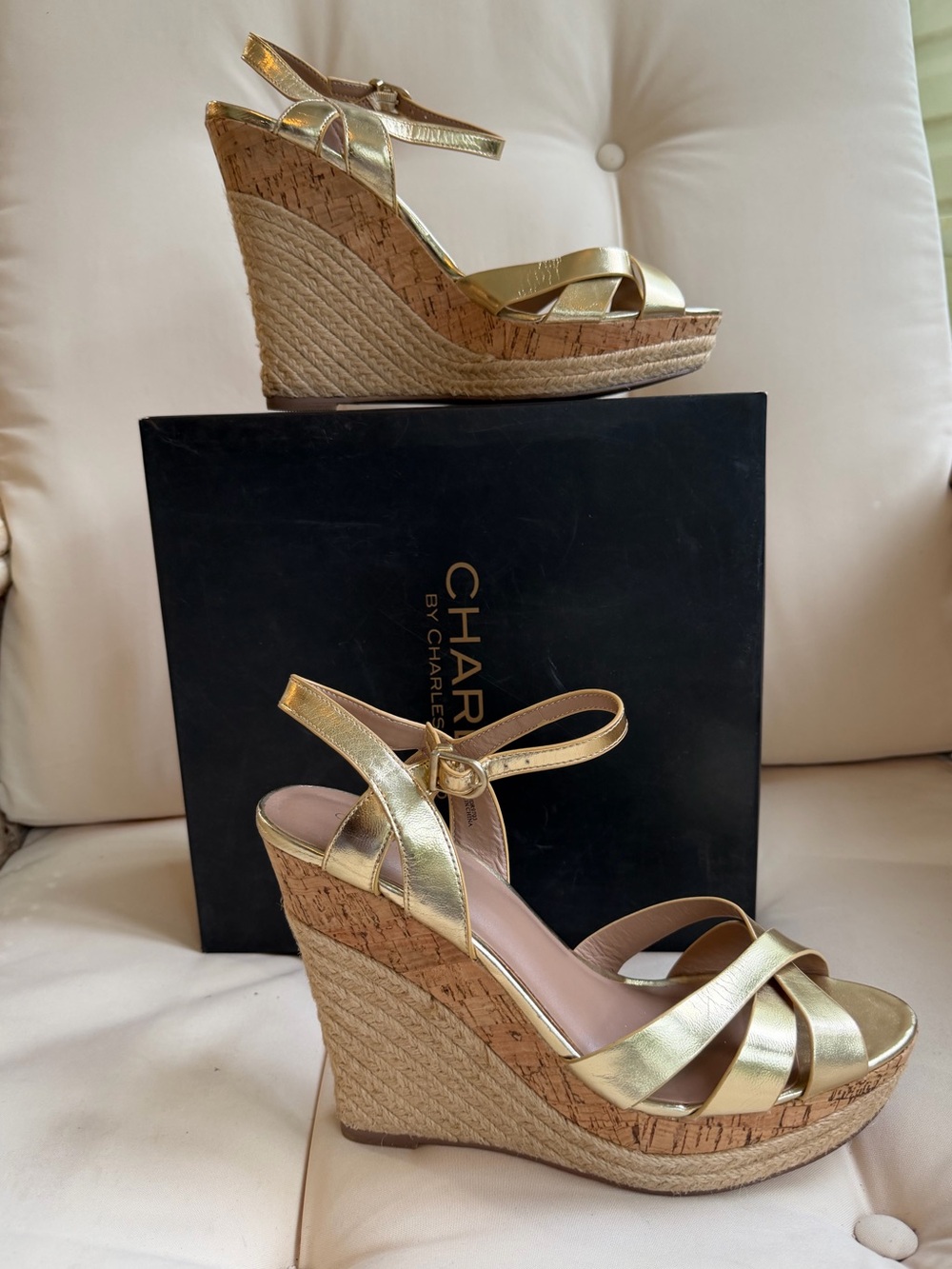 Charles David Metallic Gold Braided Espadrille Wedges with Ankle Wrap 10
